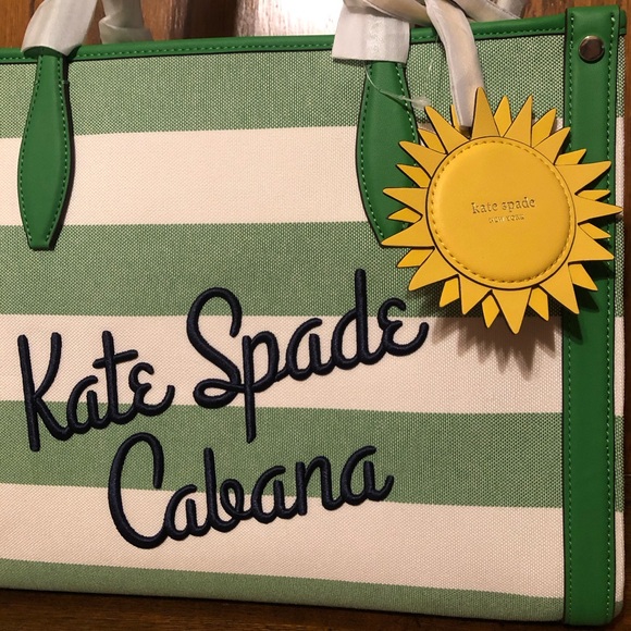 NWT-Kate Spade-Market Cabana☀️Canvas Medium Tote-Green & White Striped-$228: - Picture 2 of 16